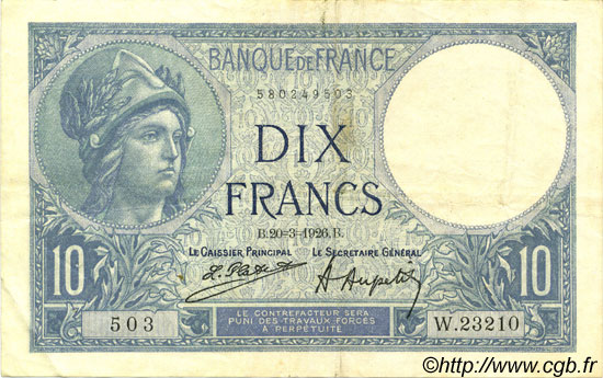 10 Francs MINERVE FRANCE  1926 F.06.10 TTB