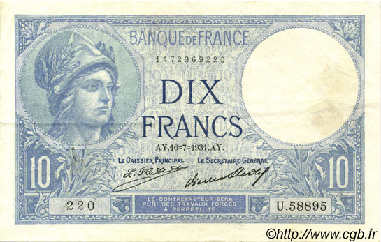 10 Francs MINERVE FRANCE  1931 F.06.15 TTB+