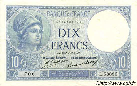 10 Francs MINERVE FRANCE  1931 F.06.15 XF-
