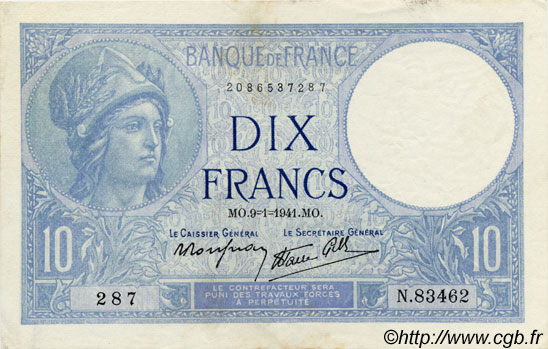10 Francs MINERVE modifié FRANCE  1939 F.07 VF+