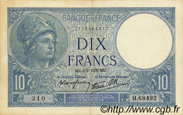 10 Francs MINERVE modifié FRANCE  1939 F.07.01 SUP