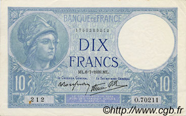 10 Francs MINERVE modifié FRANCE  1939 F.07.04 SUP