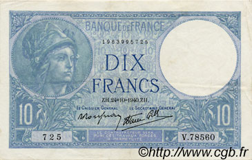 10 Francs MINERVE modifié FRANCE  1940 F.07.18 SUP