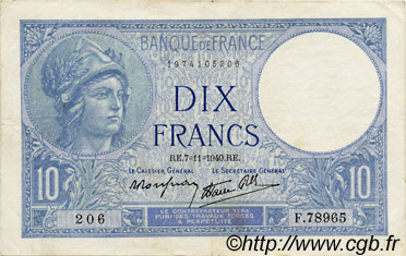 10 Francs MINERVE modifié FRANCE  1940 F.07.19 TTB+