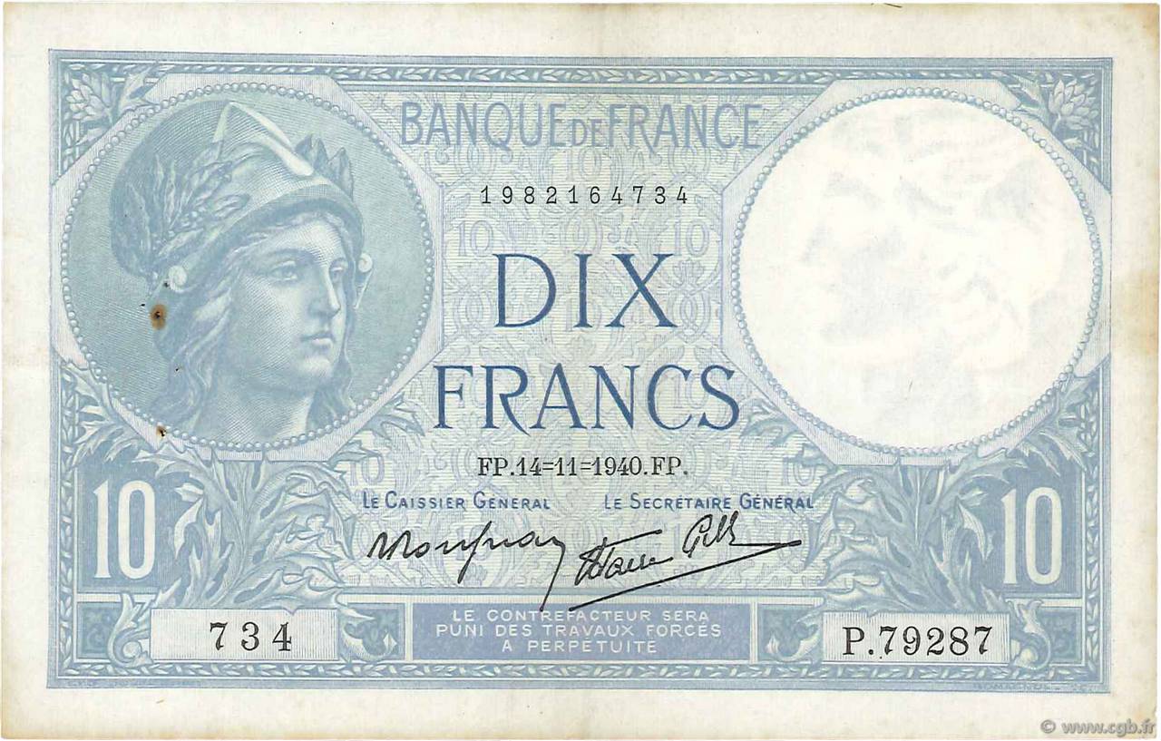 10 Francs MINERVE modifié FRANCE  1940 F.07.20 TTB+