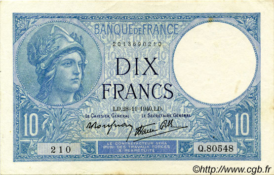 10 Francs MINERVE modifié FRANCE  1940 F.07.22 SUP à SPL