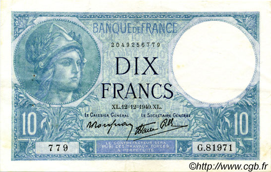 10 Francs MINERVE modifié FRANCE  1940 F.07.24 SUP