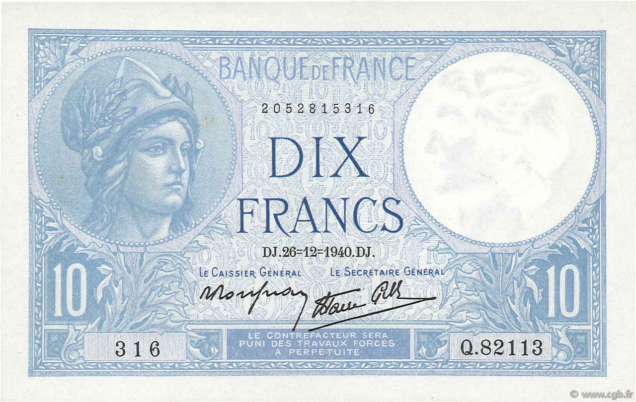 10 Francs MINERVE modifié FRANCE  1940 F.07.25 SPL