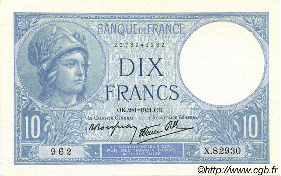 10 Francs MINERVE modifié FRANCE  1941 F.07.26 pr.SPL