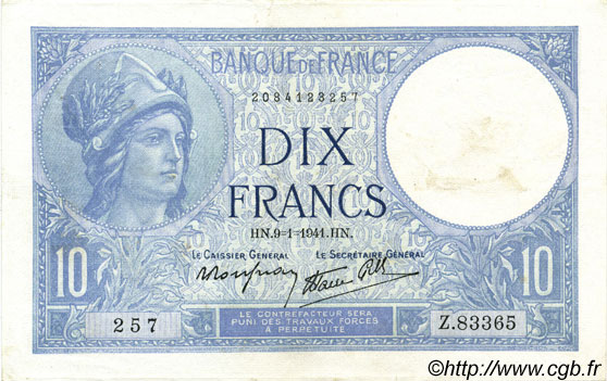 10 Francs MINERVE modifié FRANCE  1941 F.07.27 XF+