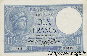 10 Francs MINERVE modifié FRANCE  1941 F.07.28 TTB+