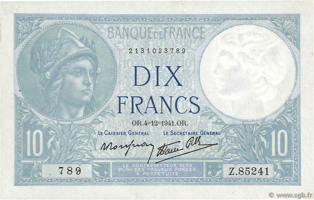 10 Francs MINERVE modifié FRANCE  1941 F.07.30 pr.SPL