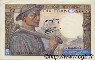 10 Francs MINEUR FRANCE  1942 F.08.03 TTB+