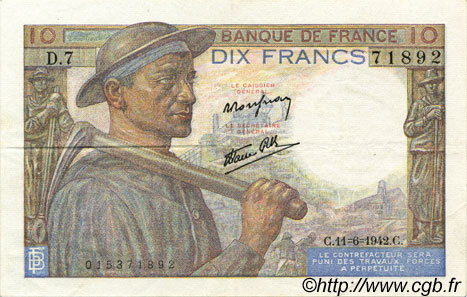 10 Francs MINEUR FRANCE  1942 F.08.03 SUP