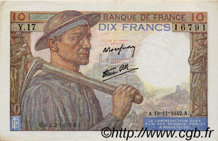 10 Francs MINEUR FRANCE  1942 F.08.05 pr.SUP