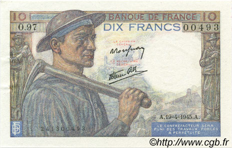 10 Francs MINEUR FRANCE  1945 F.08.13 SPL