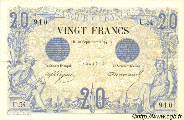 20 Francs NOIR FRANCE  1874 F.09.01 TTB+
