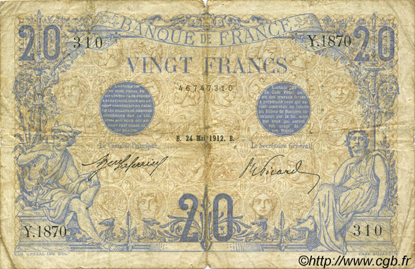 20 Francs BLEU FRANCE  1912 F.10.02 B à TB