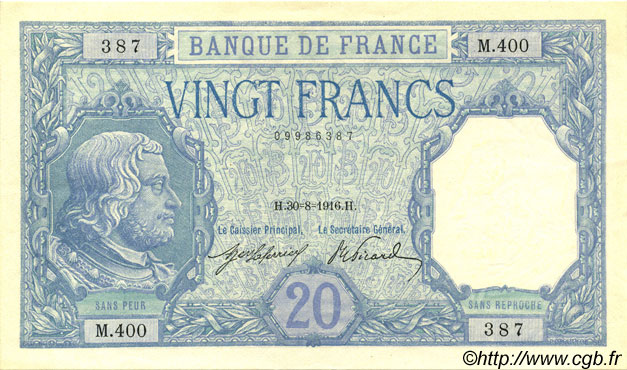 20 Francs BAYARD FRANCE  1916 F.11.01 SUP à SPL