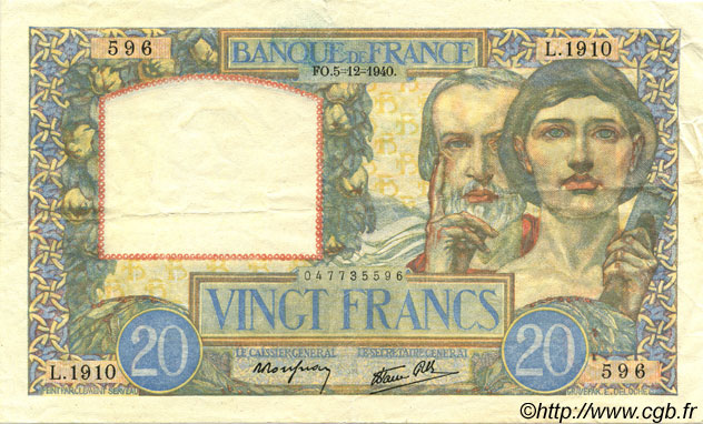 20 Francs TRAVAIL ET SCIENCE FRANCE  1940 F.12.10 SUP