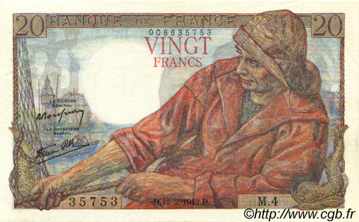 20 Francs PÊCHEUR FRANCE  1942 F.13.01 SUP