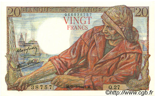 20 Francs PÊCHEUR FRANCE  1942 F.13.02 NEUF