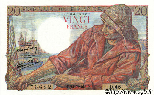 20 Francs PÊCHEUR FRANCE  1942 F.13.03 pr.SPL
