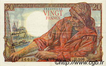 20 Francs PÊCHEUR FRANCE  1944 F.13.08 SUP