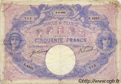50 Francs BLEU ET ROSE FRANCE  1912 F.14.25 TB
