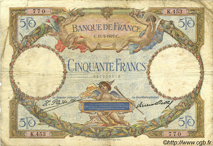 50 Francs LUC OLIVIER MERSON FRANCE  1927 F.15.01 B à TB
