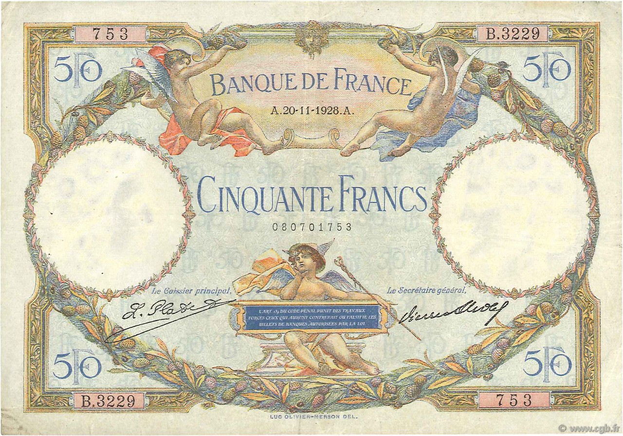50 Francs LUC OLIVIER MERSON FRANCE  1928 F.15.02 TTB+