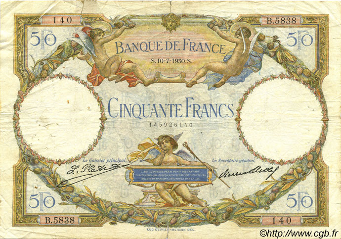 50 Francs LUC OLIVIER MERSON FRANCE  1930 F.15.04 B à TB