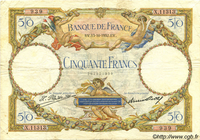 50 Francs LUC OLIVIER MERSON type modifié FRANCE  1932 F.16.03 pr.TTB