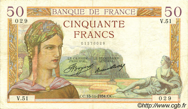 50 Francs CÉRÈS FRANCE  1934 F.17.01 TTB