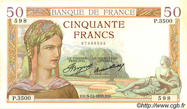 50 Francs CÉRÈS FRANCE  1935 F.17.20 pr.SUP