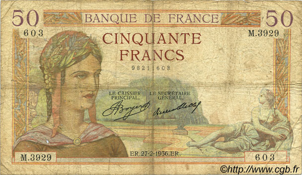 50 Francs CÉRÈS FRANCE  1936 F.17.22 pr.B