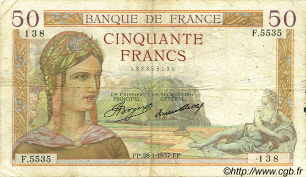 50 Francs CÉRÈS FRANCE  1937 F.17.33 TB
