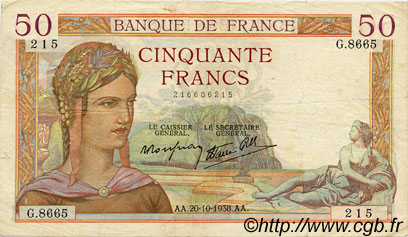 50 Francs CÉRÈS modifié FRANCE  1938 F.18.16 pr.TTB