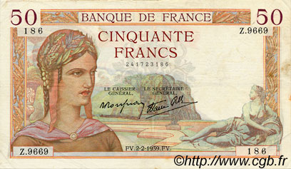 50 Francs CÉRÈS modifié FRANCE  1939 F.18.21 TTB+