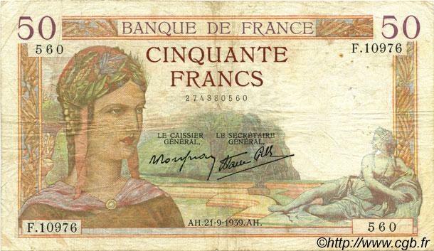 50 Francs CÉRÈS modifié FRANCE  1939 F.18.31 TB