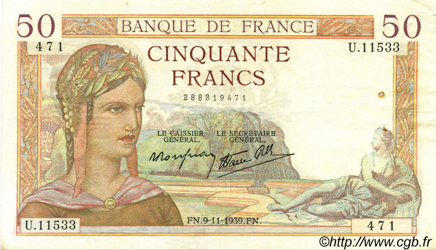 50 Francs CÉRÈS modifié FRANCE  1939 F.18.34 TTB+