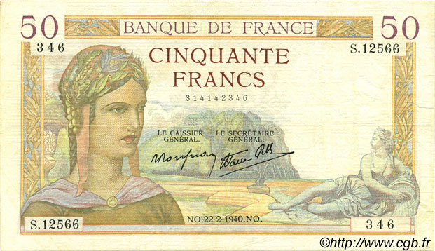 50 Francs CÉRÈS modifié FRANCE  1940 F.18.39 TB+