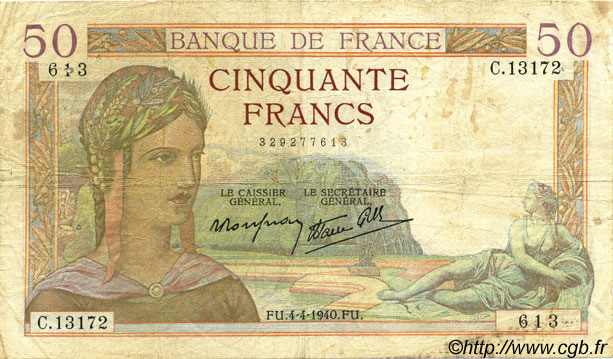 50 Francs CÉRÈS modifié FRANCE  1940 F.18.42 TB