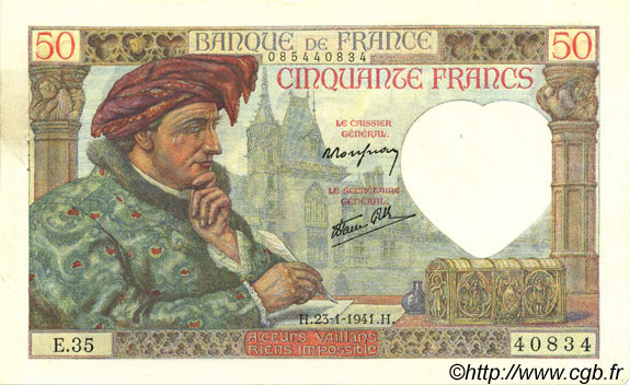 50 Francs JACQUES CŒUR FRANCE  1941 F.19.05 pr.SPL
