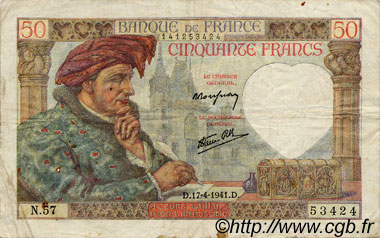 50 Francs JACQUES CŒUR FRANCE  1941 F.19.08 TB