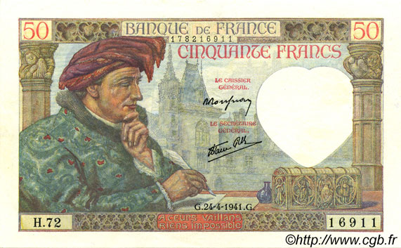 50 Francs JACQUES CŒUR FRANCE  1941 F.19.09 TTB+ à SUP