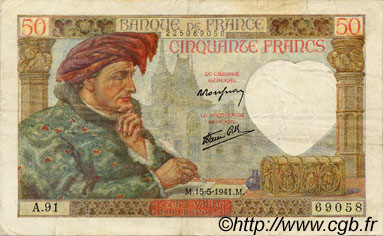 50 Francs JACQUES CŒUR FRANCE  1941 F.19.11 TTB