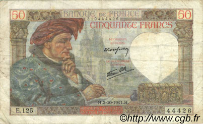 50 Francs JACQUES CŒUR FRANCE  1941 F.19.15 TB+
