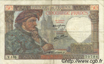 50 Francs JACQUES CŒUR FRANCE  1941 F.19.16 pr.TTB