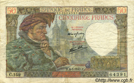 50 Francs JACQUES CŒUR FRANCE  1942 F.19.18 TB+